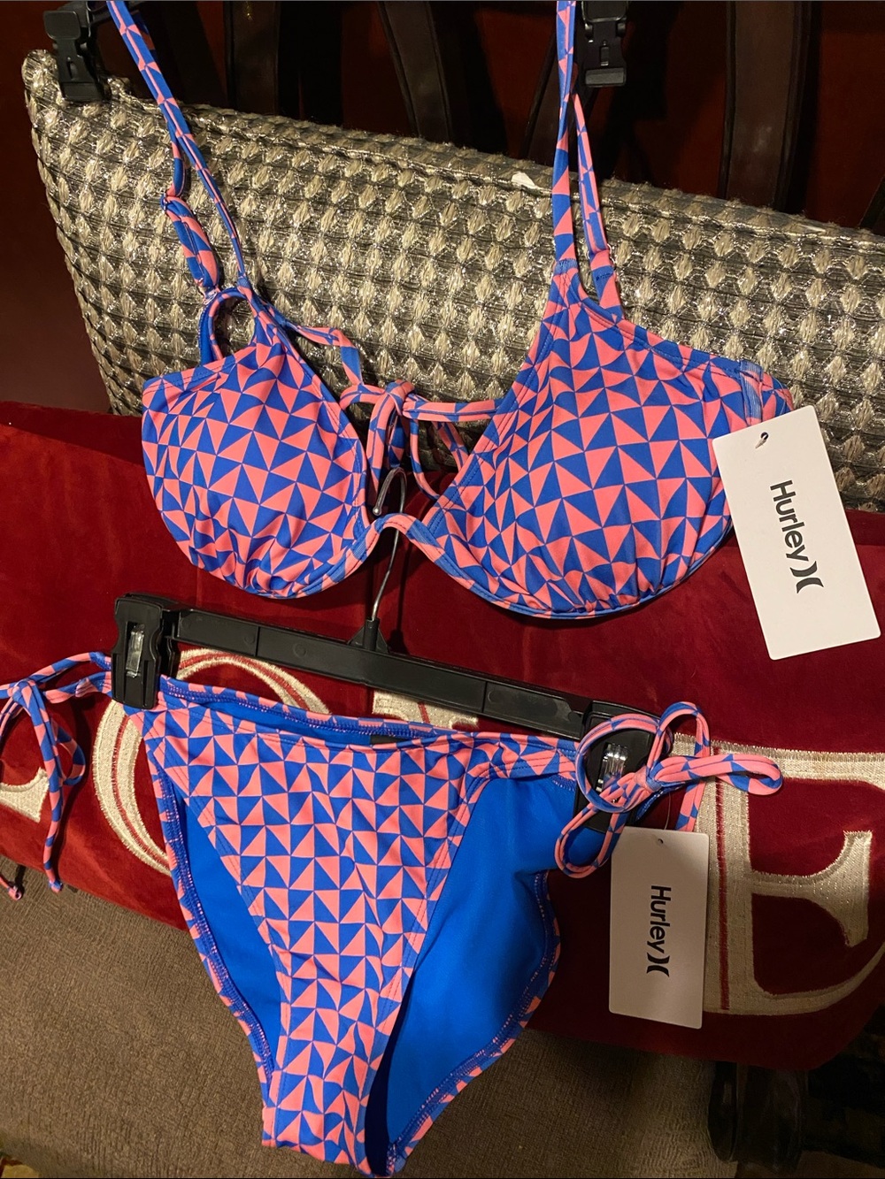 Hurley Underwire Pink Blue Logo Bikini Set NWT